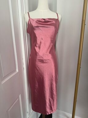 Rose Satin Cowl Slip Dress with Spaghetti Straps